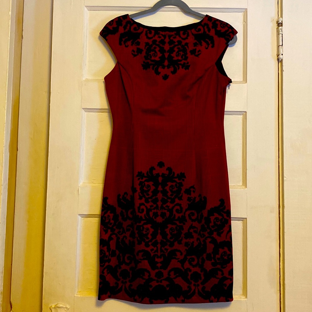 Burgundy and black dress.